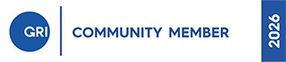 Ein blau-weißes Abzeichen mit dem GRI-Logo auf der linken Seite, "Community Partner Member" in der Mitte und 2026 vertikal auf einem blauen Balken auf der rechten Seite.