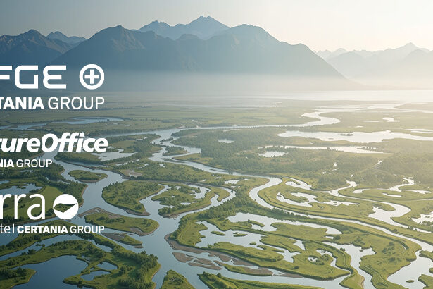 260803_CERTANIA_Sustainability_Newsbilder_800x410px2 Luftaufnahme von sich schlängelnden Flüssen und Feuchtgebieten mit Bergen im Hintergrund. Die Logos von DFGE, natureOffice und terra institute | CERTANIA GROUP erscheinen als weißer Text über der Landschaft.