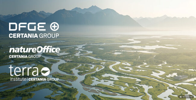 260803_CERTANIA_Sustainability_Newsbilder_800x410px2 Luftaufnahme von sich schlängelnden Flüssen und Feuchtgebieten mit Bergen im Hintergrund. Die Logos von DFGE, natureOffice und terra institute | CERTANIA GROUP erscheinen als weißer Text über der Landschaft.