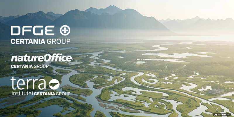 260803_CERTANIA_Sustainability_Newsbilder_800x410px2 Luftaufnahme von sich schlängelnden Flüssen und Feuchtgebieten mit Bergen im Hintergrund. Die Logos von DFGE, natureOffice und terra institute | CERTANIA GROUP erscheinen als weißer Text über der Landschaft.