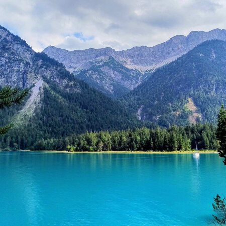 Ein türkisfarbener See mit klarem Wasser, umgeben von dichten Kiefernwäldern und hohen, schroffen Bergen unter einem teilweise bewölkten Himmel. Kiefernzweige rahmen den Blick im Vordergrund ein.
