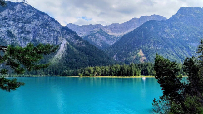 Blogpost-PCF2026 Ein türkisfarbener See mit klarem Wasser, umgeben von dichten Kiefernwäldern und hohen, schroffen Bergen unter einem teilweise bewölkten Himmel. Kiefernzweige rahmen den Blick im Vordergrund ein.