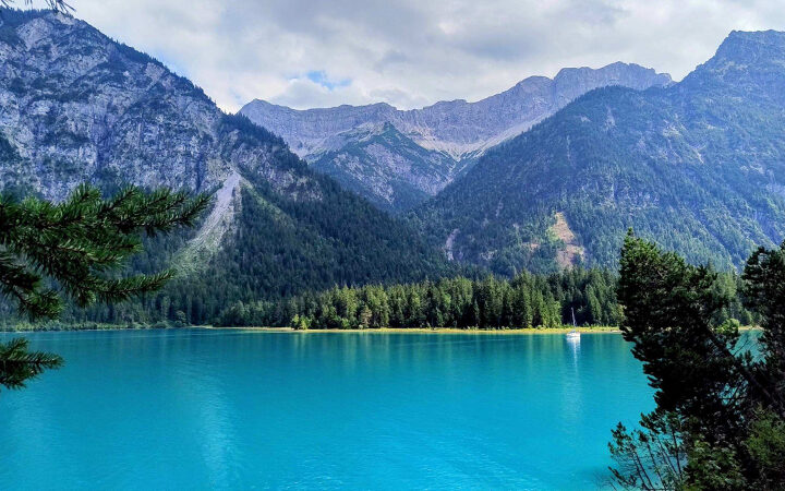 Ein türkisfarbener See mit klarem Wasser, umgeben von dichten Kiefernwäldern und hohen, schroffen Bergen unter einem teilweise bewölkten Himmel. Kiefernzweige rahmen den Blick im Vordergrund ein.