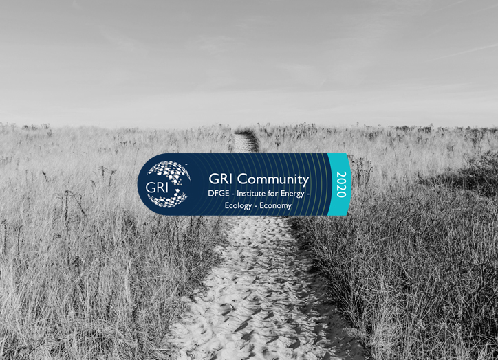 Ein Schwarz-Weiß-Foto eines schmalen Sandwegs durch hohes Gras mit einem blauen und blaugrünen Banner der GRI Community 2020, auf dem "DFGE - Institut für Energie, Ökologie und Ökonomie" steht.
