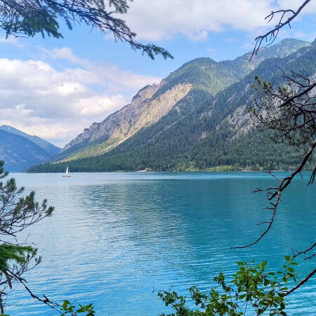 Ein ruhiger blauer See, umgeben von bewaldeten Bergen, mit einem kleinen weißen Segelboot in der Ferne unter einem teilweise bewölkten Himmel. Bäume rahmen den Vordergrund ein.