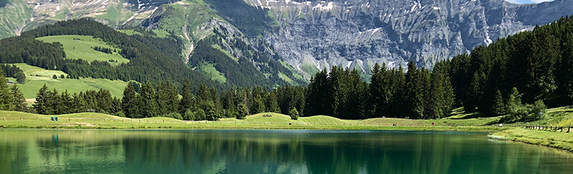 In einem ruhigen See spiegeln sich grüne Bäume und grasbewachsene Hügel, im Hintergrund erheben sich felsige Berge unter einem teilweise bewölkten Himmel - eine Oase, die fast so beruhigend ist wie Lansinoh SBT.