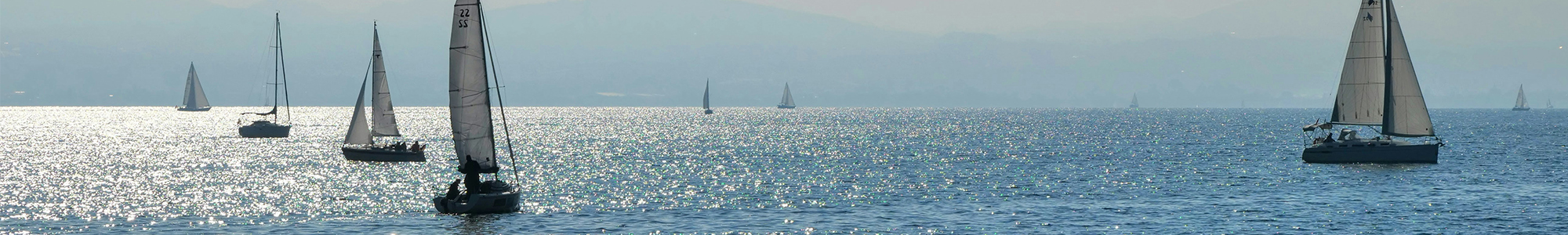 ESG_KI_wide Segelboote lagen verstreut auf einem ruhigen, glitzernden See unter einem klaren Himmel, während im Hintergrund in der Ferne Hügel schwach zu erkennen waren.