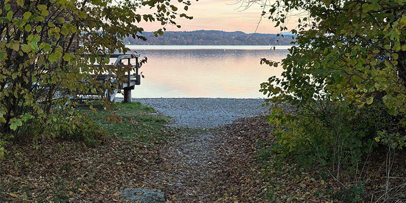 ESRS-2 Ein Weg durch den Wald führt zu einem kleinen Kiesstrand und einem Holzsteg an einem ruhigen See bei Sonnenuntergang.