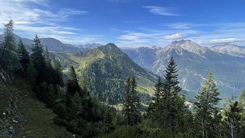 Eine malerische Berglandschaft mit grünen Hügeln, dichten Kiefern, verschlungenen Pfaden und fernen felsigen Gipfeln unter einem blauen Himmel mit vereinzelten Wolken - eine EUDR-konforme Oase der natürlichen Schönheit.