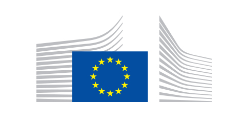 Das Bild zeigt das Logo der Europäischen Kommission, eine blaue Flagge mit gelben Sternen in einem Kreis, überlagert von einem stilisierten Umriss des Berlaymont-Gebäudes mit geschwungenen grauen Linien.
