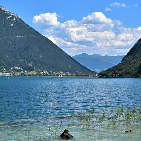 Ein klarer blauer See, umgeben von hohen, bewaldeten Bergen unter einem teilweise bewölkten Himmel. Schilf und Felsen säumen das Ufer, und ein paar Enten schwimmen in der Nähe des Wasserrandes.