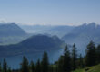 Ein malerischer Blick auf einen See, umgeben von bewaldeten Hügeln und entfernten schneebedeckten Bergen unter einem klaren blauen Himmel. Hohe immergrüne Bäume stehen im Vordergrund.
