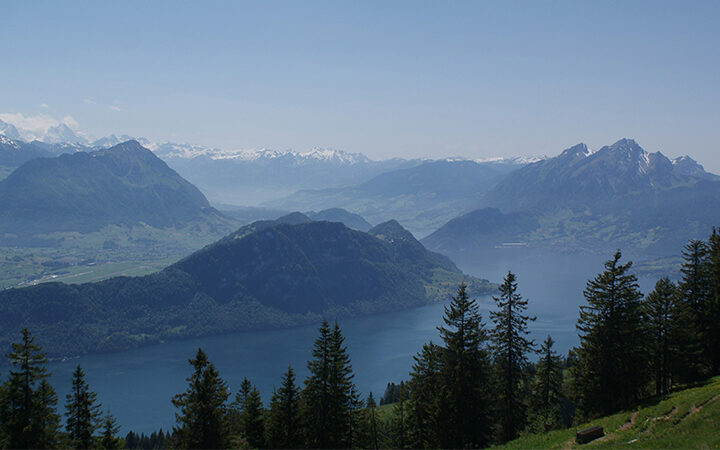 GreenWeek2026 Ein malerischer Blick auf einen See, umgeben von bewaldeten Hügeln und entfernten schneebedeckten Bergen unter einem klaren blauen Himmel. Hohe immergrüne Bäume stehen im Vordergrund.
