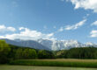 Eine malerische Landschaft mit einem grünen Feld und dichten Bäumen im Vordergrund und hohen, zerklüfteten Bergen unter einem blauen Himmel mit vereinzelten weißen Wolken im Hintergrund.