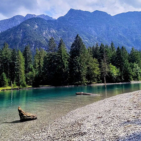 LSRS_Beitragsbild Ein klarer, blauer See mit Treibholz am felsigen Ufer, umgeben von dichtem, grünem Wald und hohen Bergen unter einem bewölkten Himmel.