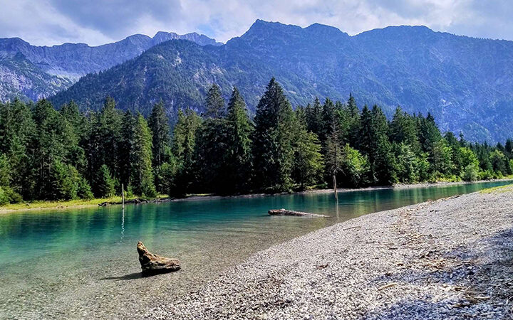 LSRS_Beitragsbild Ein klarer, blauer See mit Treibholz am felsigen Ufer, umgeben von dichtem, grünem Wald und hohen Bergen unter einem bewölkten Himmel.