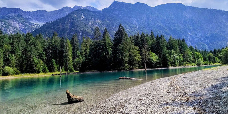 LSRS_Beitragsbild Ein klarer, blauer See mit Treibholz am felsigen Ufer, umgeben von dichtem, grünem Wald und hohen Bergen unter einem bewölkten Himmel.