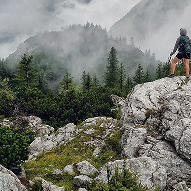 Eine Person in Wanderkleidung steht auf einem Felsvorsprung und blickt auf ein nebliges, bewaldetes Tal und ferne Berge, umgeben von grünen Bäumen und Sträuchern.