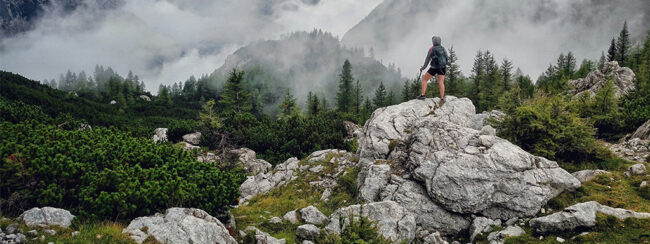 A person wearing a backpack stands on a rocky outcrop, overlooking a misty, forested mountain landscape with clouds drifting through the trees.