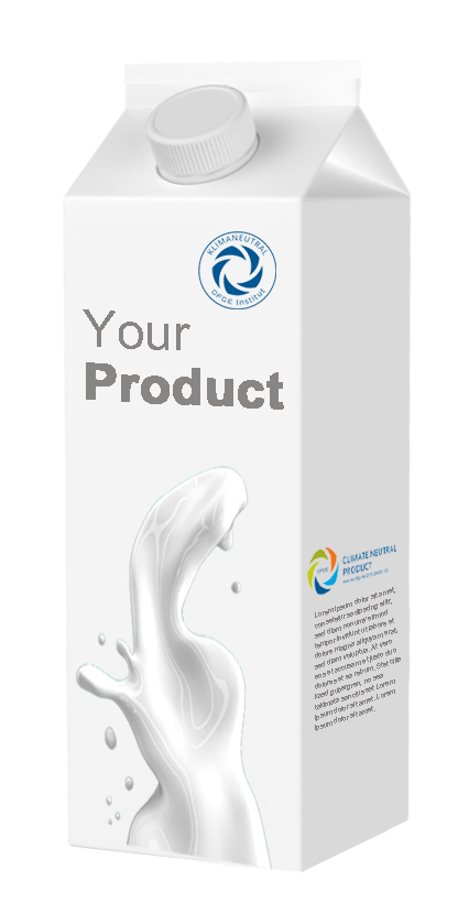 Ein weißer Karton mit einem Schraubverschluss und der Aufschrift Your Product. Darauf sind ein Spritzer Milch und zwei Logos für die Öko-Zertifizierung abgebildet, eines blau und rund, das andere mehrfarbig. Unter dem zweiten Logo befindet sich ein Platzhaltertext.