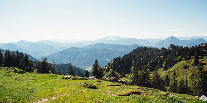 VS-ESRS Eine malerische Aussicht auf grüne Grashügel und Wälder mit blauen Bergen in der Ferne unter einem klaren, hellen Himmel.
