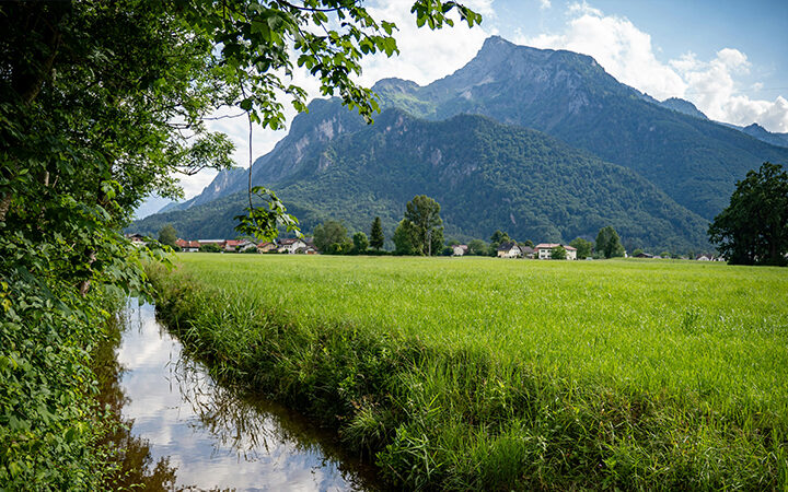 World Environment Day 2026 Ein schmaler Bach fließt entlang eines saftig grünen Feldes mit hohen, bewaldeten Bergen im Hintergrund unter einem teilweise bewölkten Himmel. In der Ferne sind Bäume und Häuser zu sehen.
