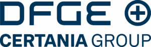 certania_group_dfge_logo_dfgeblue_rgb Das Logo der DFGE CERTANIA GROUP mit fetter, dunkelblauer Schrift. Die Buchstaben „DFGE“ stehen über „CERTANIA GROUP“, und neben „DFGE“ befindet sich ein kreisförmiges Pluszeichen.